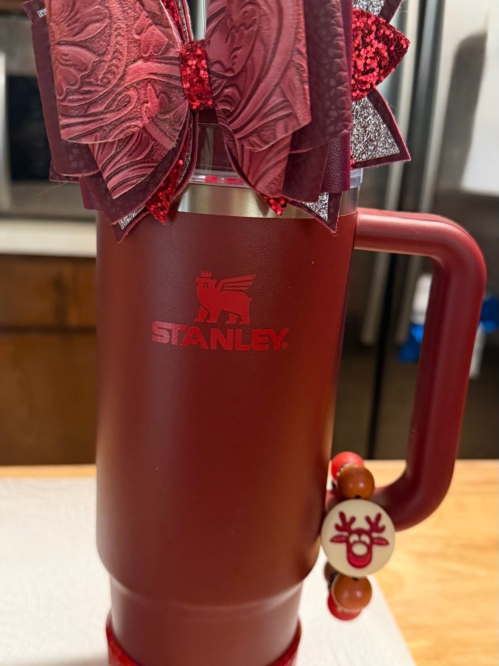 Stanley Deep Red Holiday Travel Tumbler “dressed” up for holidays